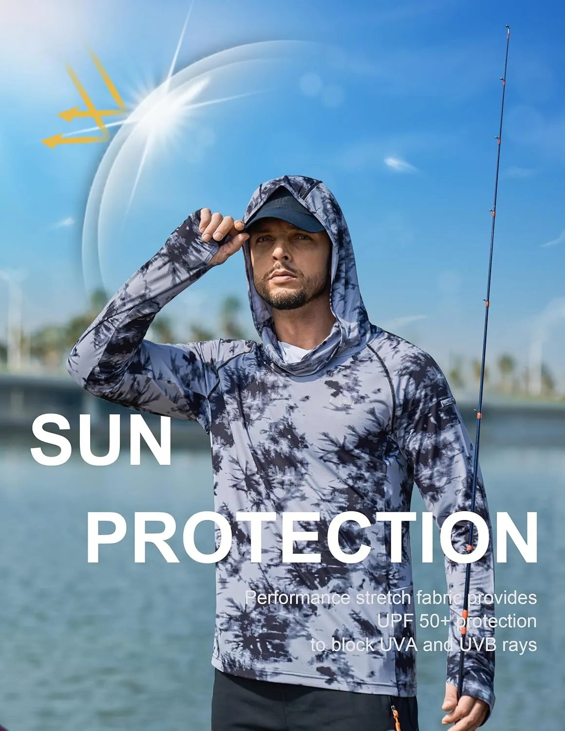 Men's Sun Protection Fishing Shirts UPF 50  Lightweight Hoodie Long Sleeve UV SPF Hooded Shirts with Mask Rash Guard