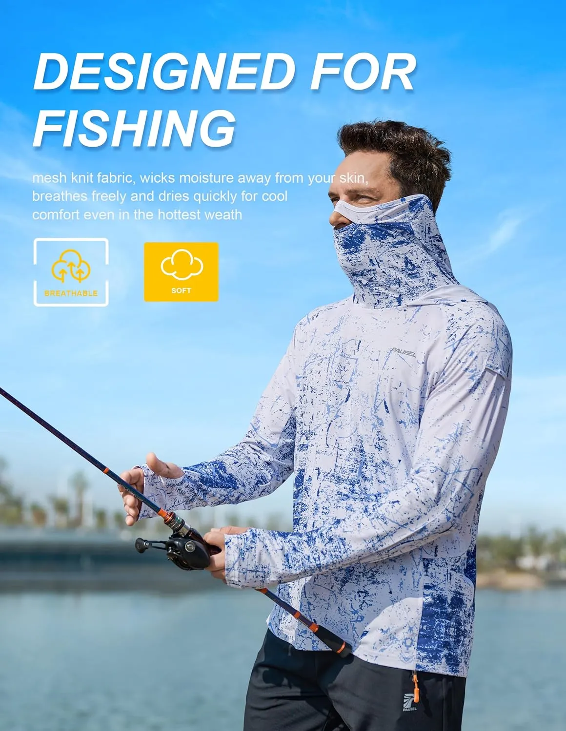 Men's Sun Protection Fishing Shirts UPF 50  Lightweight Hoodie Long Sleeve UV SPF Hooded Shirts with Mask Rash Guard