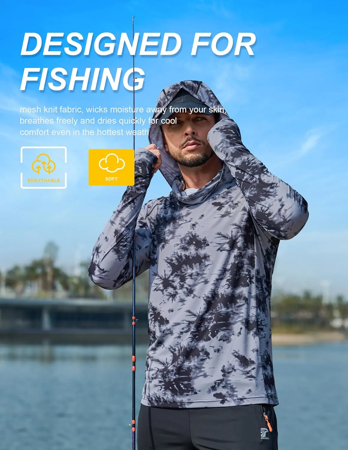 Men's Sun Protection Fishing Shirts UPF 50  Lightweight Hoodie Long Sleeve UV SPF Hooded Shirts with Mask Rash Guard