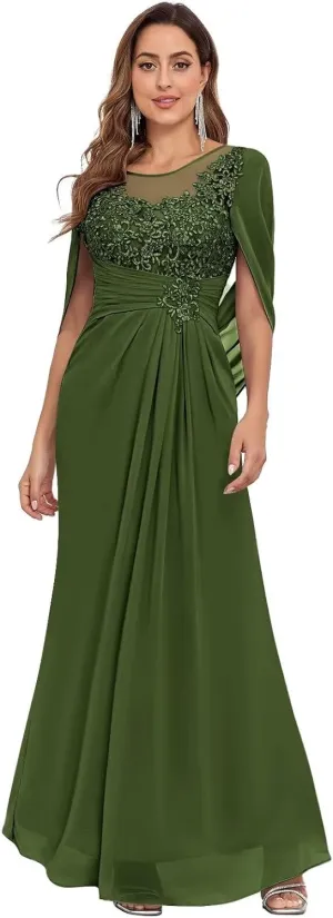 Mermaid Chiffon Mother of The Bride Dresses for Wedding with Cape Sleeves Lace Formal Mother of The Groom Dress