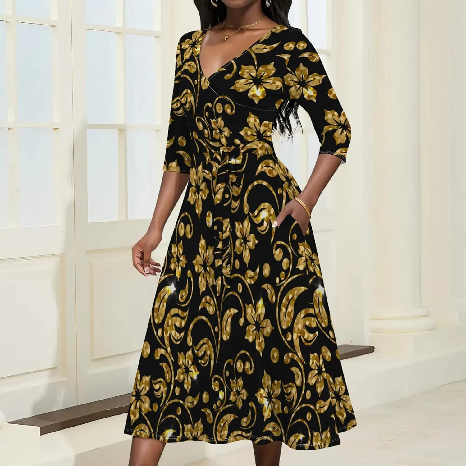 Midi Dresses for Women 3/4 Sleeve V Neck High Waist Casual Flared Wrap Belt Trendy with Pockets A-Line Cocktail Party Dress