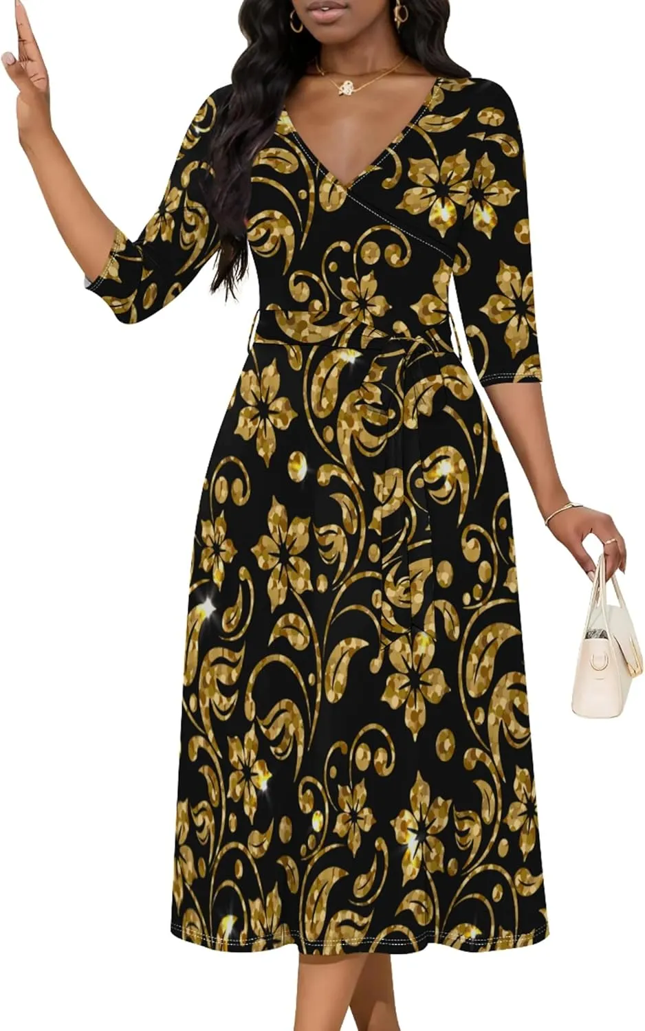 Midi Dresses for Women 3/4 Sleeve V Neck High Waist Casual Flared Wrap Belt Trendy with Pockets A-Line Cocktail Party Dress