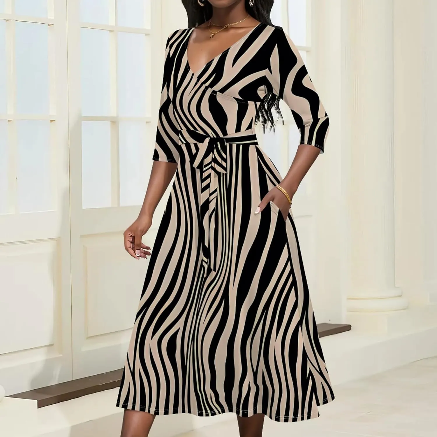 Midi Dresses for Women 3/4 Sleeve V Neck High Waist Casual Flared Wrap Belt Trendy with Pockets A-Line Cocktail Party Dress
