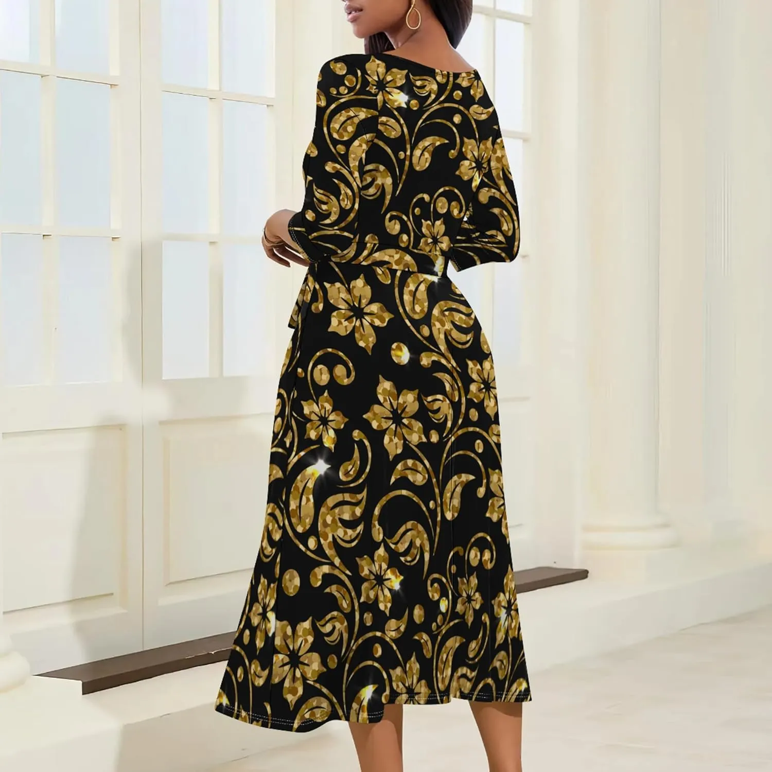 Midi Dresses for Women 3/4 Sleeve V Neck High Waist Casual Flared Wrap Belt Trendy with Pockets A-Line Cocktail Party Dress