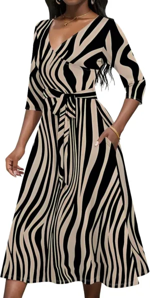 Midi Dresses for Women 3/4 Sleeve V Neck High Waist Casual Flared Wrap Belt Trendy with Pockets A-Line Cocktail Party Dress