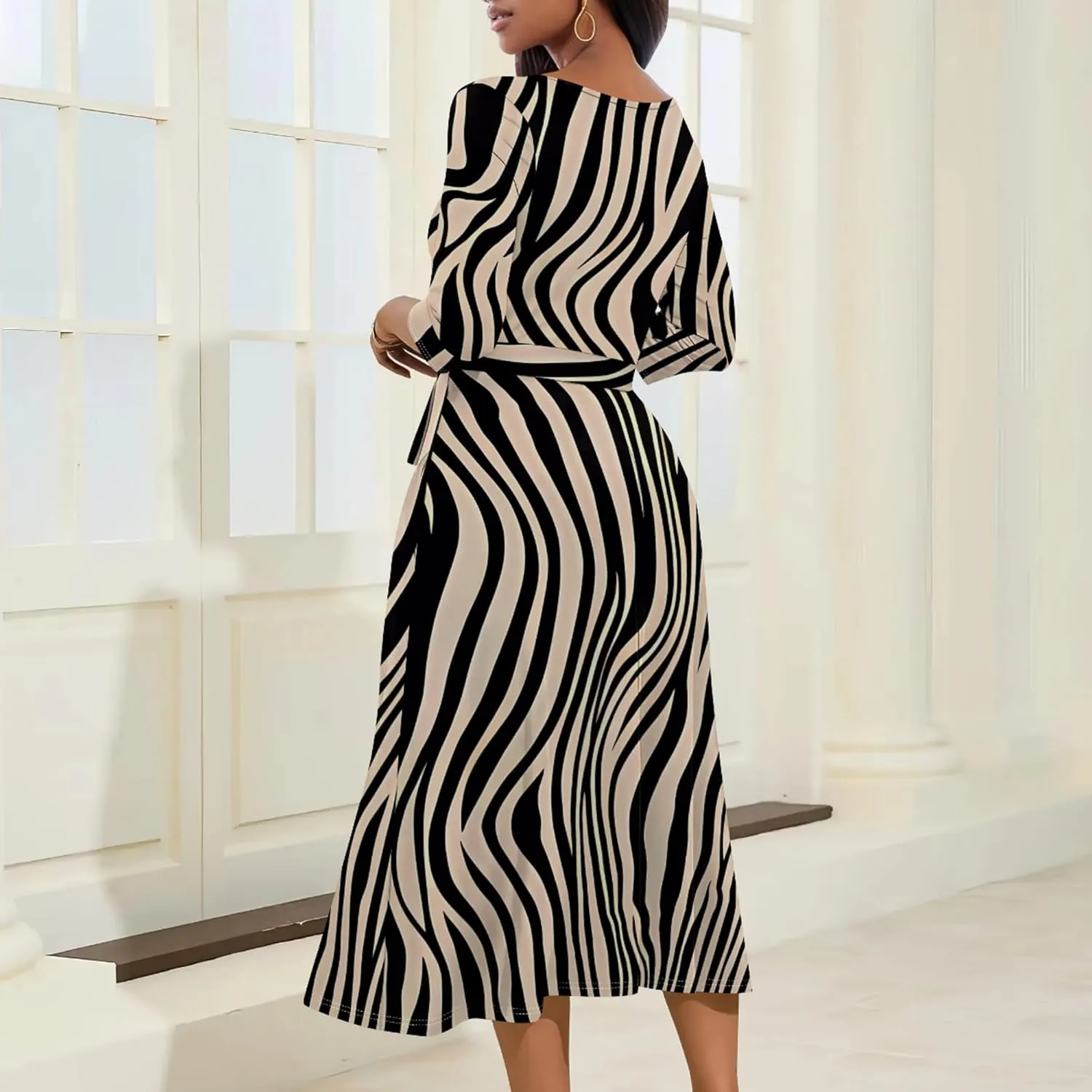 Midi Dresses for Women 3/4 Sleeve V Neck High Waist Casual Flared Wrap Belt Trendy with Pockets A-Line Cocktail Party Dress