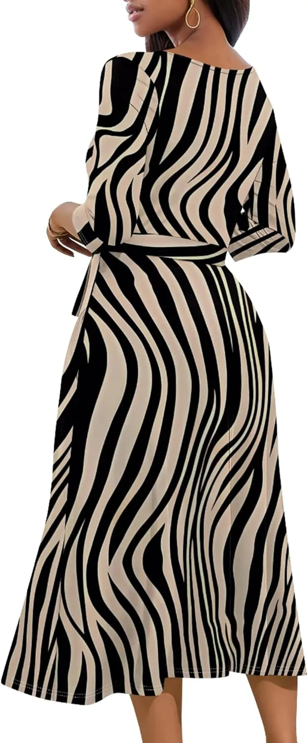 Midi Dresses for Women 3/4 Sleeve V Neck High Waist Casual Flared Wrap Belt Trendy with Pockets A-Line Cocktail Party Dress