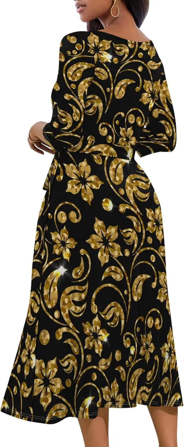 Midi Dresses for Women 3/4 Sleeve V Neck High Waist Casual Flared Wrap Belt Trendy with Pockets A-Line Cocktail Party Dress