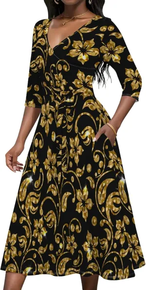 Midi Dresses for Women 3/4 Sleeve V Neck High Waist Casual Flared Wrap Belt Trendy with Pockets A-Line Cocktail Party Dress