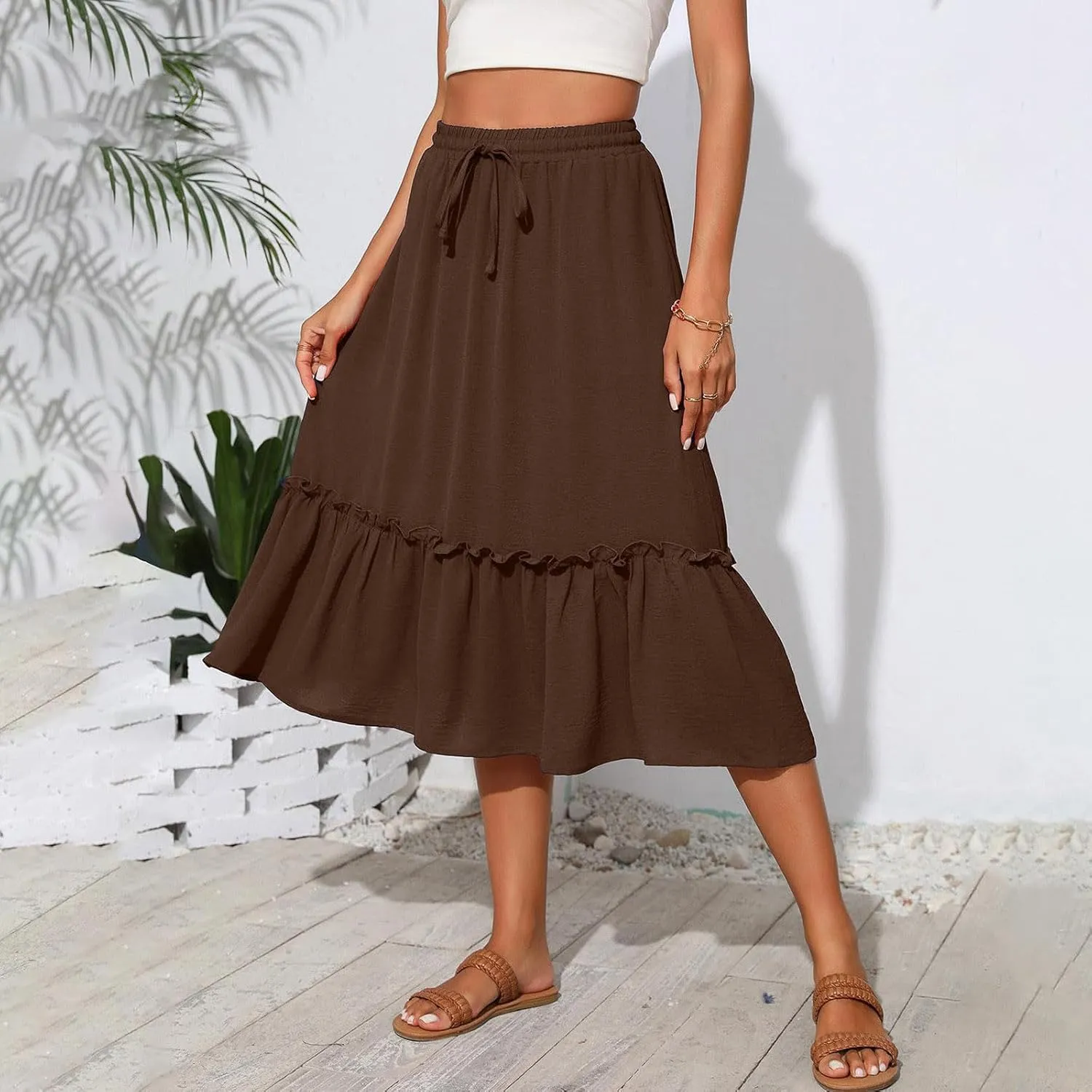 Midi Skirts for Women Casual Summer Boho Flowy Swing Ruffle Tiered A-Line Elastic Tie Waist Pleated Long Skirt Dress