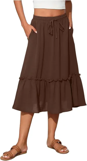 Midi Skirts for Women Casual Summer Boho Flowy Swing Ruffle Tiered A-Line Elastic Tie Waist Pleated Long Skirt Dress