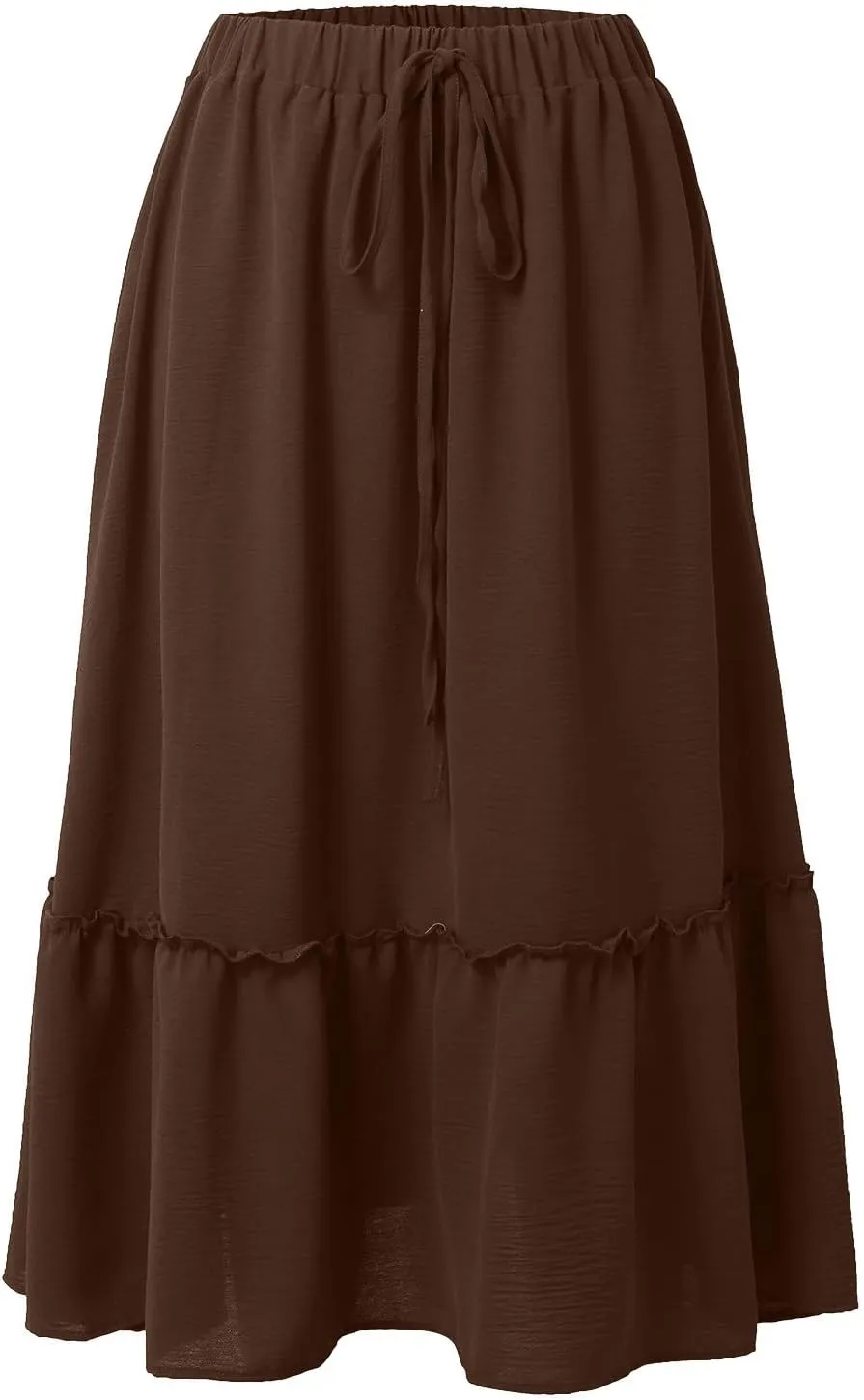 Midi Skirts for Women Casual Summer Boho Flowy Swing Ruffle Tiered A-Line Elastic Tie Waist Pleated Long Skirt Dress
