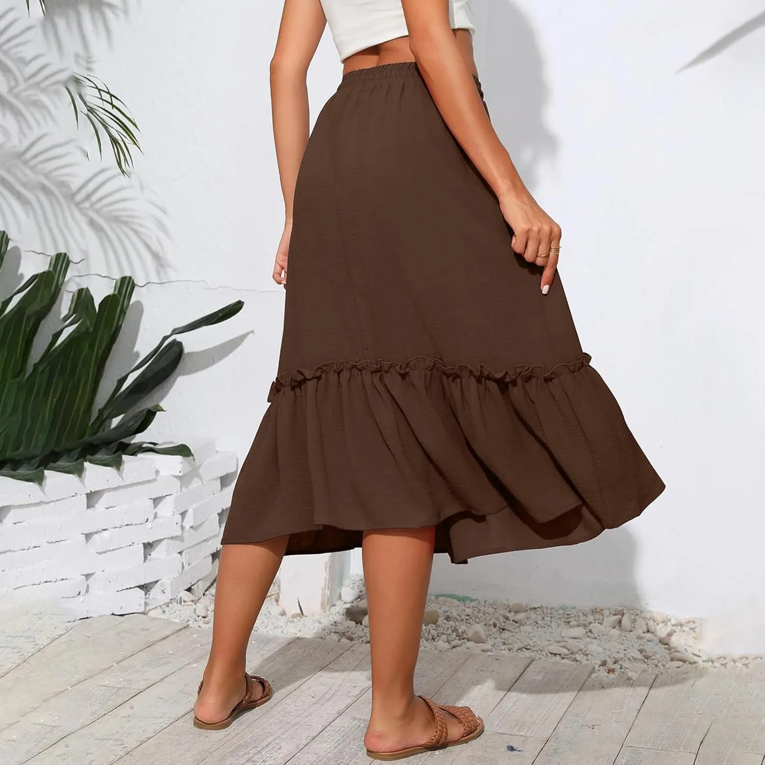 Midi Skirts for Women Casual Summer Boho Flowy Swing Ruffle Tiered A-Line Elastic Tie Waist Pleated Long Skirt Dress
