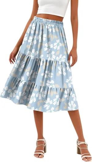 Midi Skirts for Women Summer Boho Floral Flowy High Elastic Waist Tiered Pleated A Line Skirt Beach Vacation Clothes