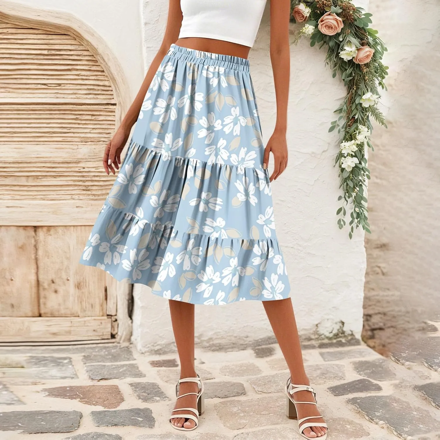 Midi Skirts for Women Summer Boho Floral Flowy High Elastic Waist Tiered Pleated A Line Skirt Beach Vacation Clothes