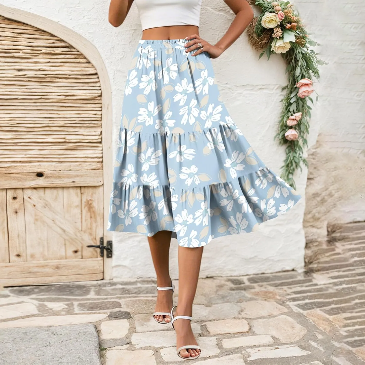 Midi Skirts for Women Summer Boho Floral Flowy High Elastic Waist Tiered Pleated A Line Skirt Beach Vacation Clothes