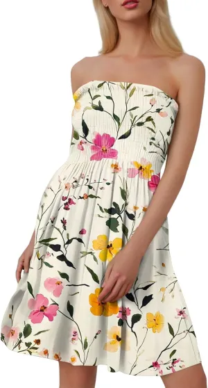 Mini Dresses for Womens Casual Summer Tanks Going Out Floral Print Sleeveless Loose Strapless/Tube Dress Plus Size