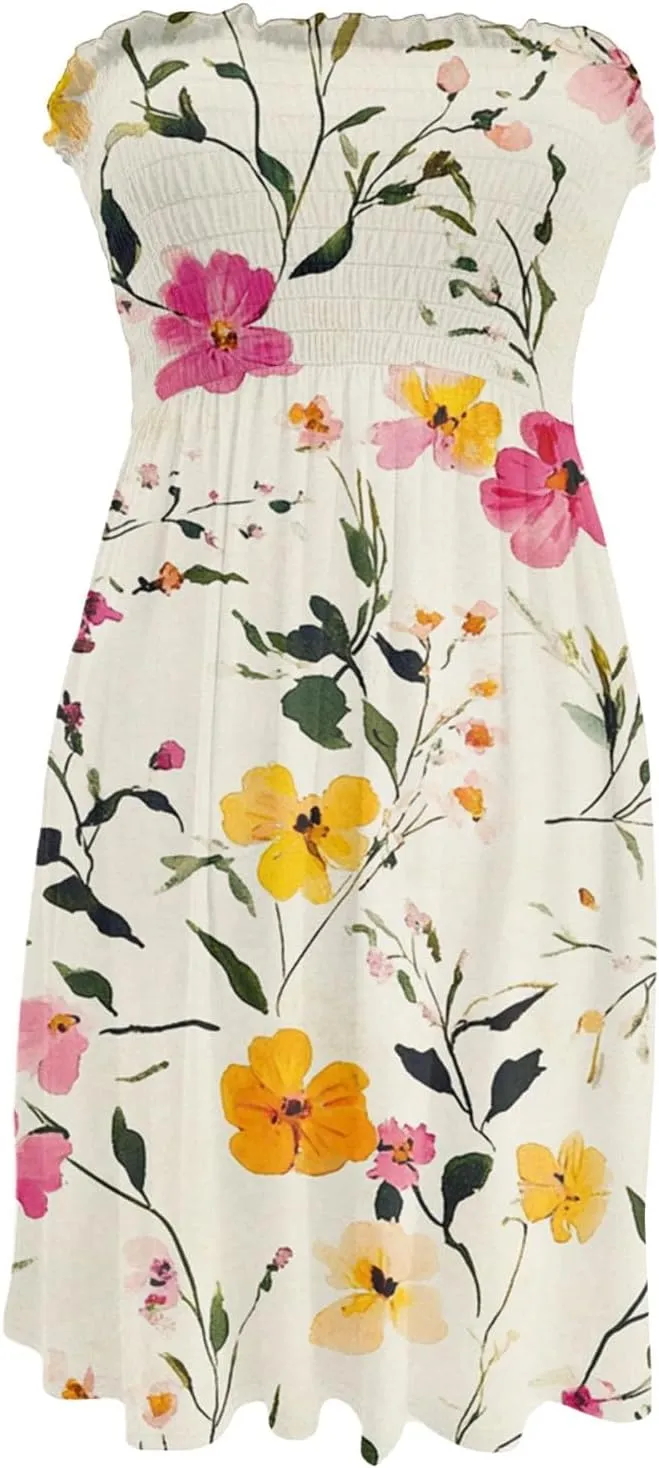 Mini Dresses for Womens Casual Summer Tanks Going Out Floral Print Sleeveless Loose Strapless/Tube Dress Plus Size