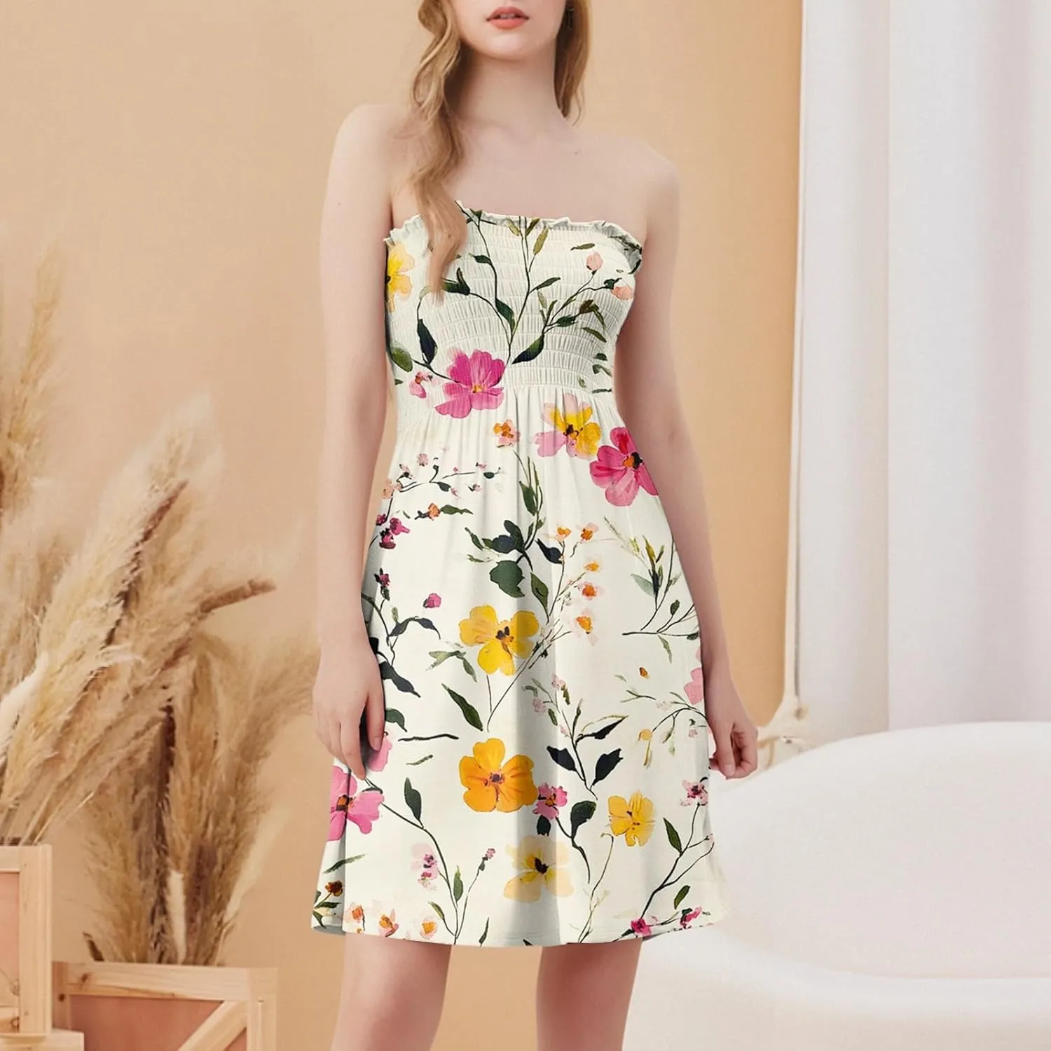Mini Dresses for Womens Casual Summer Tanks Going Out Floral Print Sleeveless Loose Strapless/Tube Dress Plus Size
