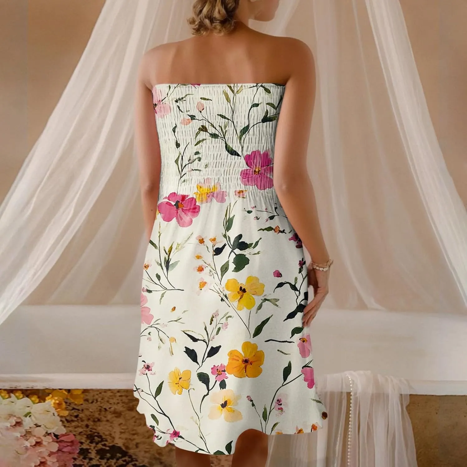 Mini Dresses for Womens Casual Summer Tanks Going Out Floral Print Sleeveless Loose Strapless/Tube Dress Plus Size