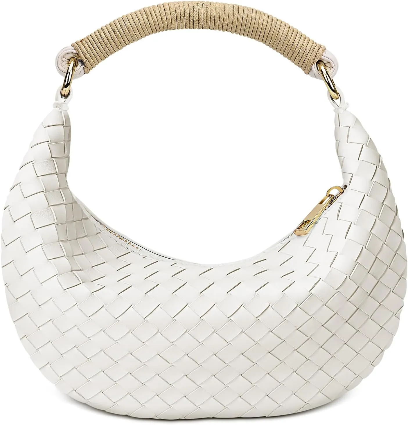 Mini Woven Hobo Bag for WomenFaux Weave Clutch-Small Stylish Vegan PU Leather Dumpling Bag With Rope Handle- Elegant White Purse for woman-Daily Casual Use and Travel