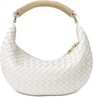 Mini Woven Hobo Bag for WomenFaux Weave Clutch-Small Stylish Vegan PU Leather Dumpling Bag With Rope Handle- Elegant White Purse for woman-Daily Casual Use and Travel