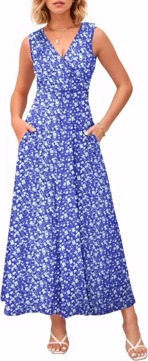 MISFAY Women Maxi Dress 2025 Summer Casual Sleeveless Sundress Wrap V Neck Long Dresses Vacation Loose Dress with Pockets