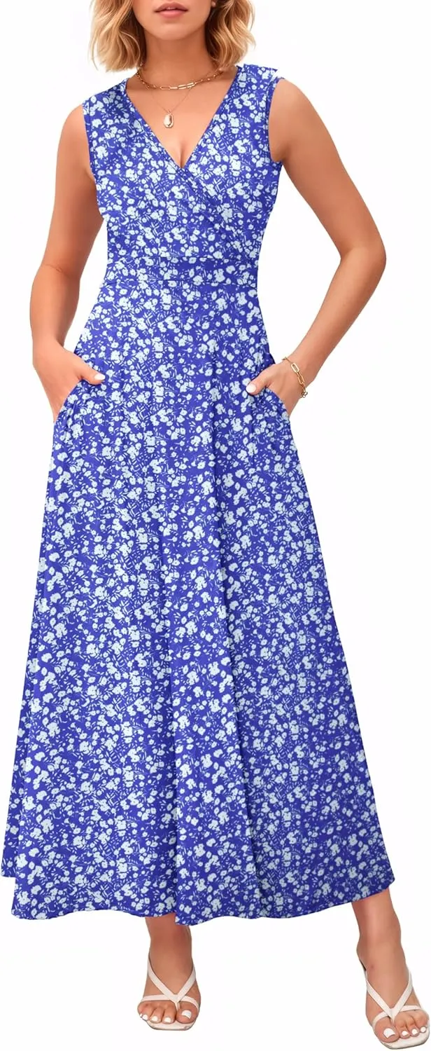 MISFAY Women Maxi Dress 2025 Summer Casual Sleeveless Sundress Wrap V Neck Long Dresses Vacation Loose Dress with Pockets