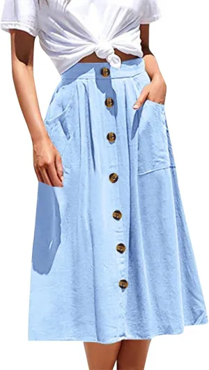 Miyaomn Women's Casual Summer Flowy Midi Skirts Button Decoration High Elastic Waist A-Line Solid Pleated Skirts with Pockets