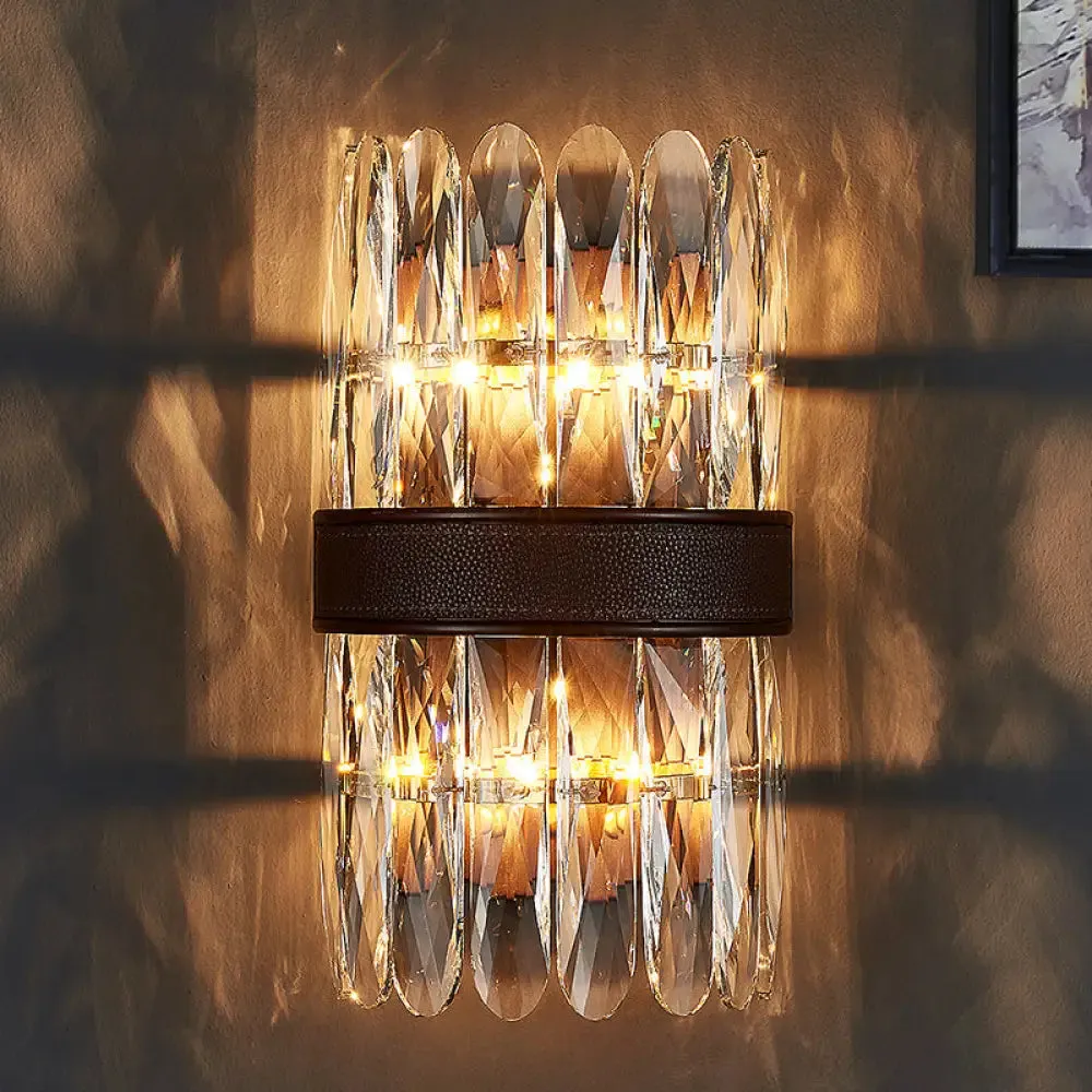 Modern Crystal Wall Sconce Light - Black Cylinder Block Fixture (2/4 Lights)