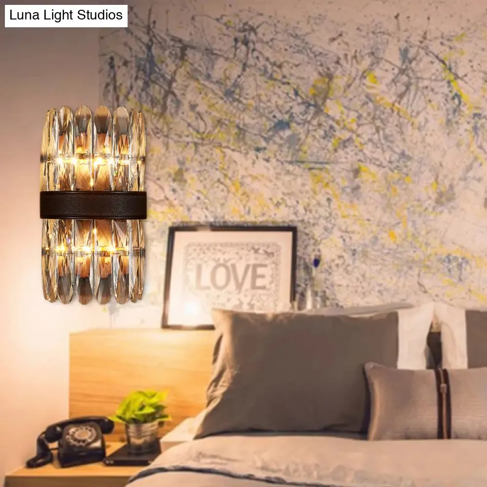 Modern Crystal Wall Sconce Light - Black Cylinder Block Fixture (2/4 Lights)