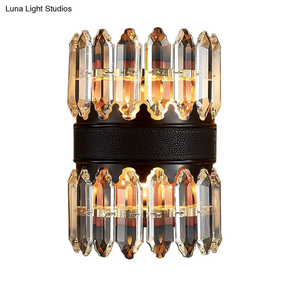 Modern Crystal Wall Sconce Light - Black Cylinder Block Fixture (2/4 Lights)