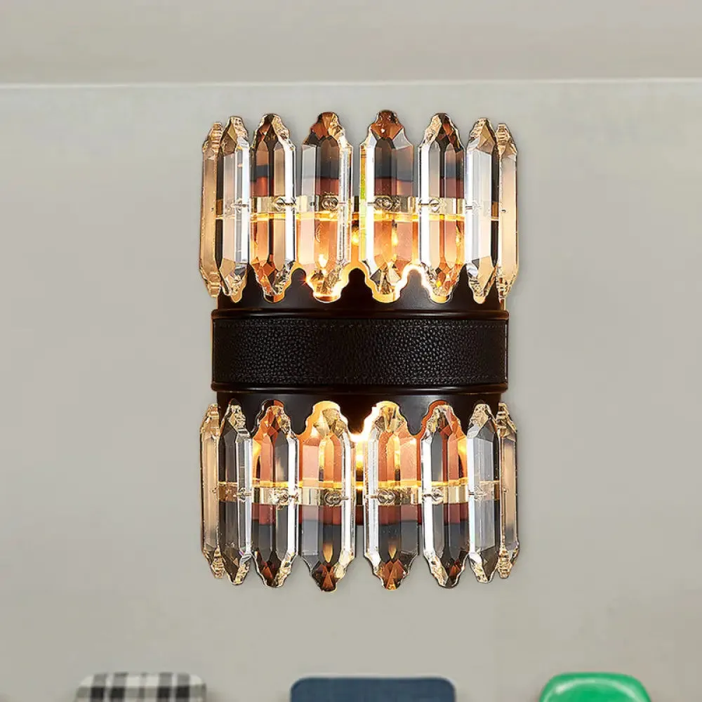 Modern Crystal Wall Sconce Light - Black Cylinder Block Fixture (2/4 Lights)