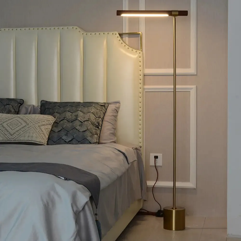 Modern Right Angle Metal Floor Lamp with Gold Finish, Wood Shade | White/Warm Lighting for Bedroom