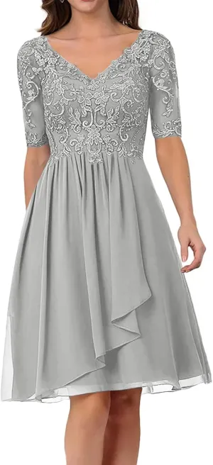 Mother of The Bride Dresses for Wedding Lace Appliques Chiffon V-Neck A-line with Sleeves Formal Evening Gowns