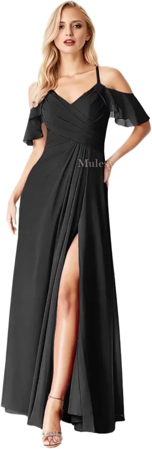 Mulesy Cold Shoulder Bridesmaid Dresses for Women Wedding Party Dress V-Neck Chiffon Formal Evening Gowns with Slit