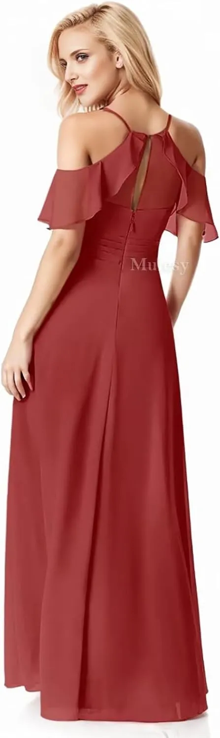 Mulesy Cold Shoulder Bridesmaid Dresses for Women Wedding Party Dress V-Neck Chiffon Formal Evening Gowns with Slit