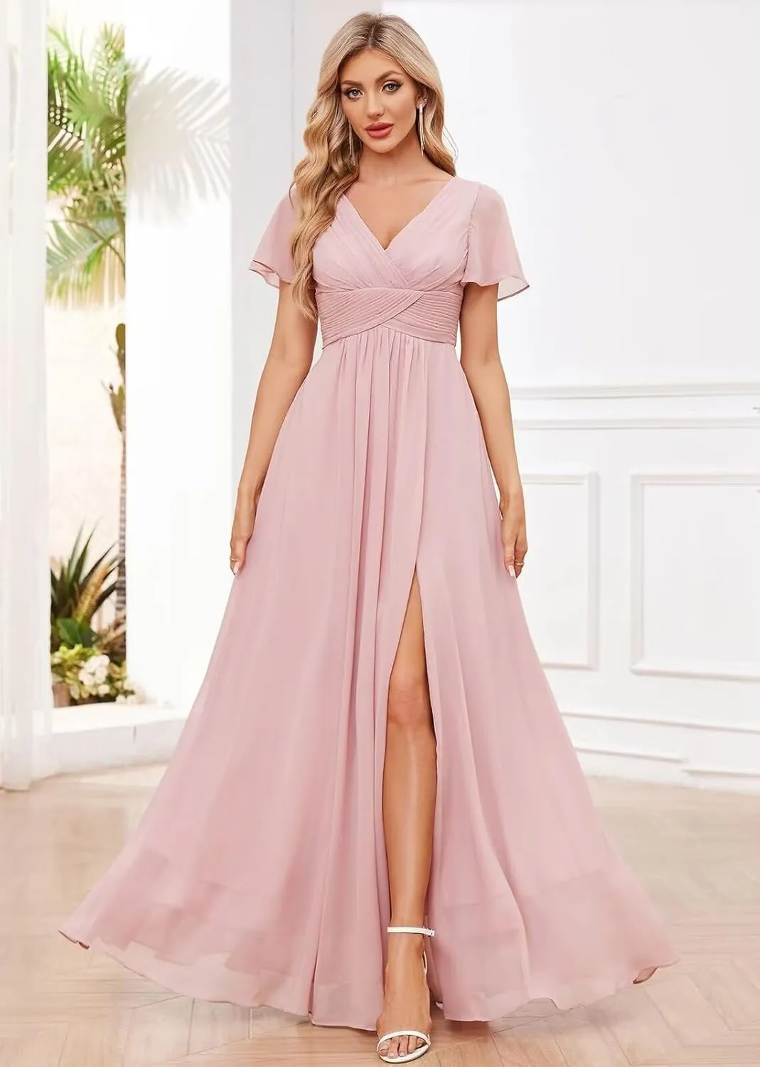 OFEECHUN V Neck Short Sleeve Bridesmaid Dresses for Women 2025 Chiffon Ruched Long Wedding Guest Gowns with Slit