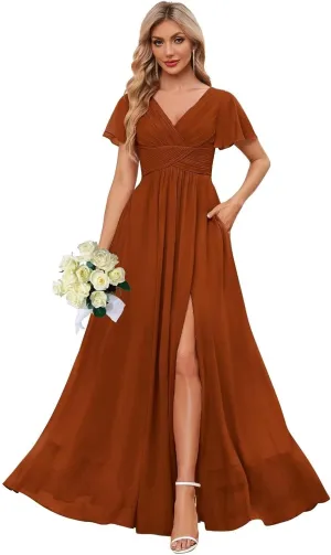 OFEECHUN V Neck Short Sleeve Bridesmaid Dresses for Women 2025 Chiffon Ruched Long Wedding Guest Gowns with Slit