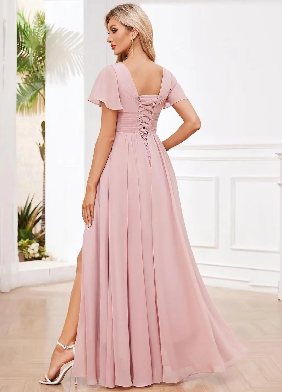 OFEECHUN V Neck Short Sleeve Bridesmaid Dresses for Women 2025 Chiffon Ruched Long Wedding Guest Gowns with Slit