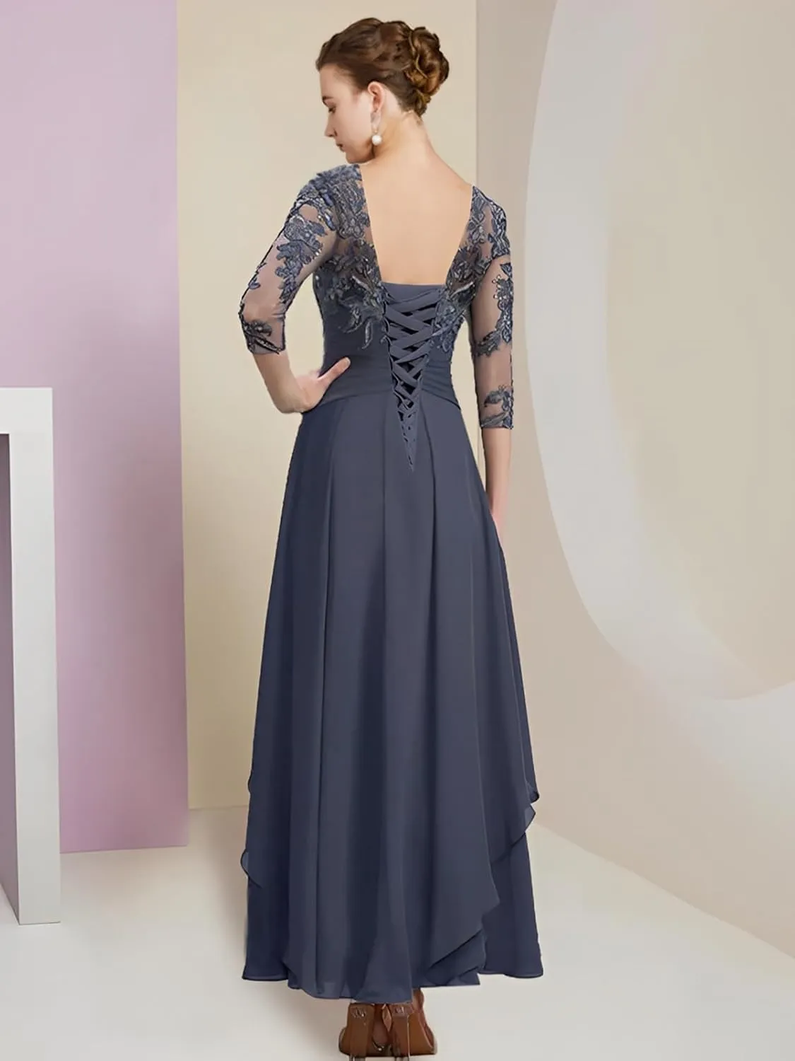 OFEECHUN Women's Lace Applique Mother of The Bride Dresses Long 3/4 Sleeve Chiffon Evening Formal Party Gowns