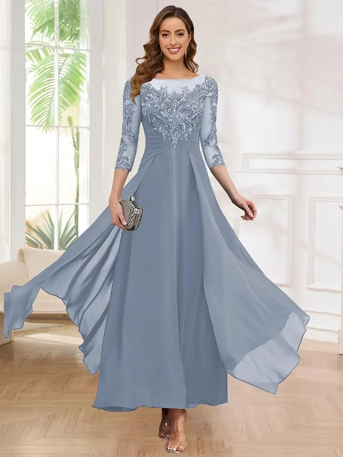 OFEECHUN Women's Lace Applique Mother of The Bride Dresses Long 3/4 Sleeve Chiffon Evening Formal Party Gowns