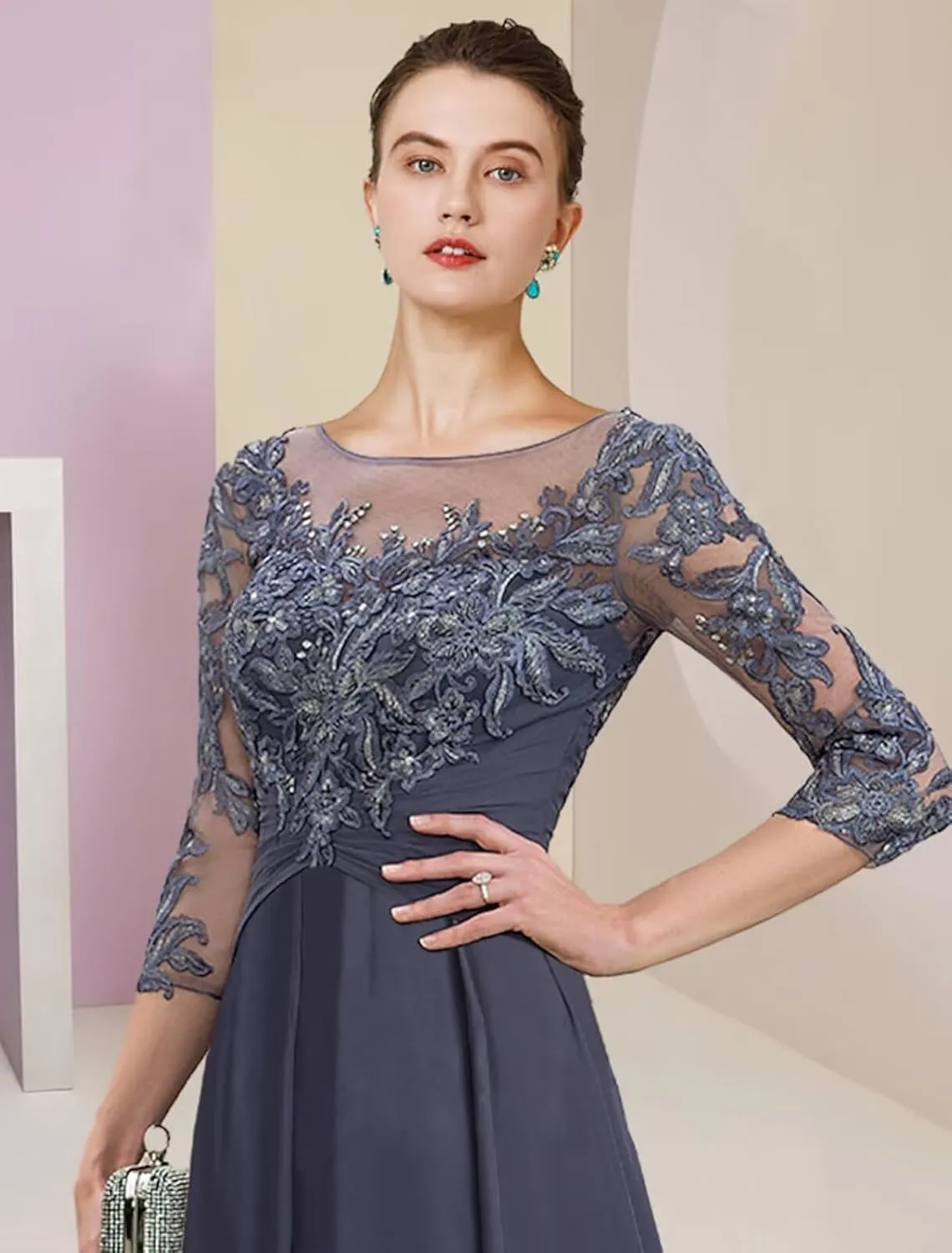 OFEECHUN Women's Lace Applique Mother of The Bride Dresses Long 3/4 Sleeve Chiffon Evening Formal Party Gowns