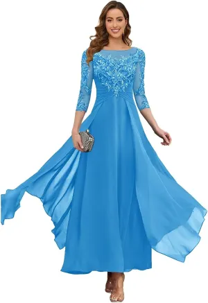 OFEECHUN Women's Lace Applique Mother of The Bride Dresses Long 3/4 Sleeve Chiffon Evening Formal Party Gowns