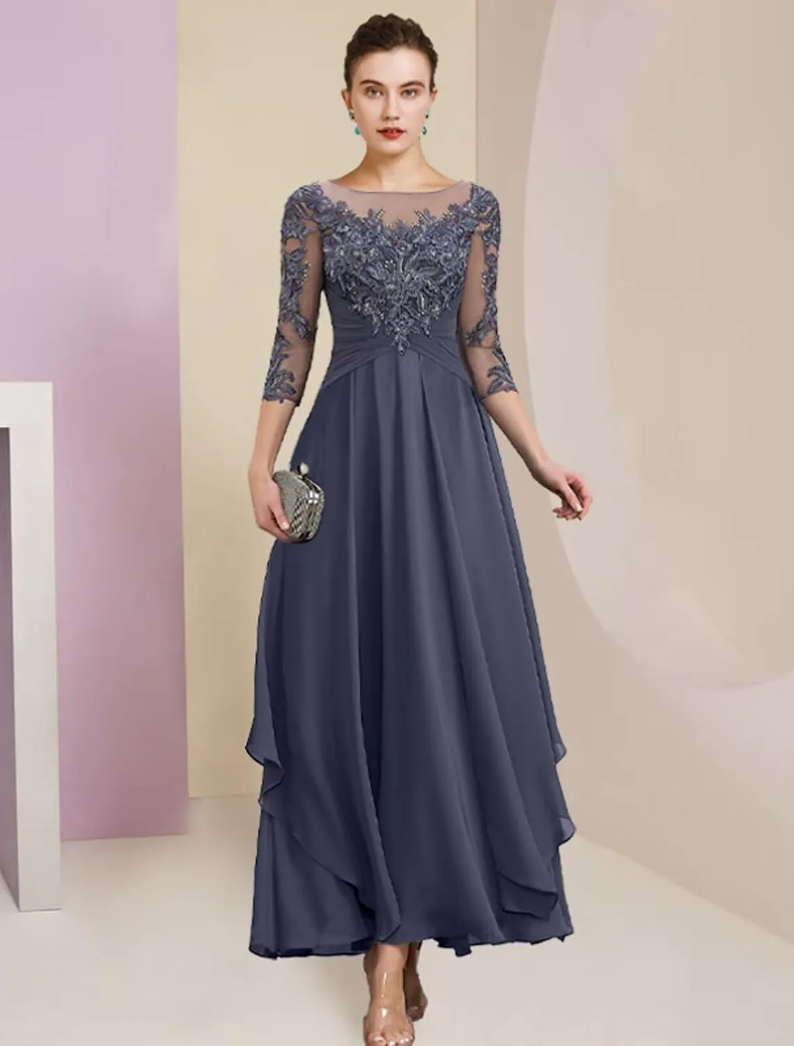 OFEECHUN Women's Lace Applique Mother of The Bride Dresses Long 3/4 Sleeve Chiffon Evening Formal Party Gowns