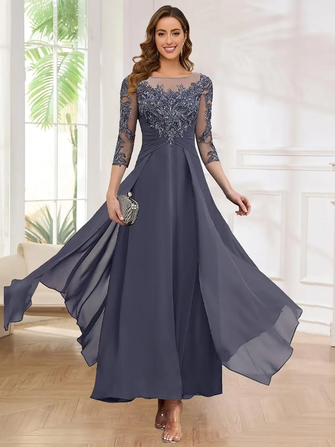 OFEECHUN Women's Lace Applique Mother of The Bride Dresses Long 3/4 Sleeve Chiffon Evening Formal Party Gowns