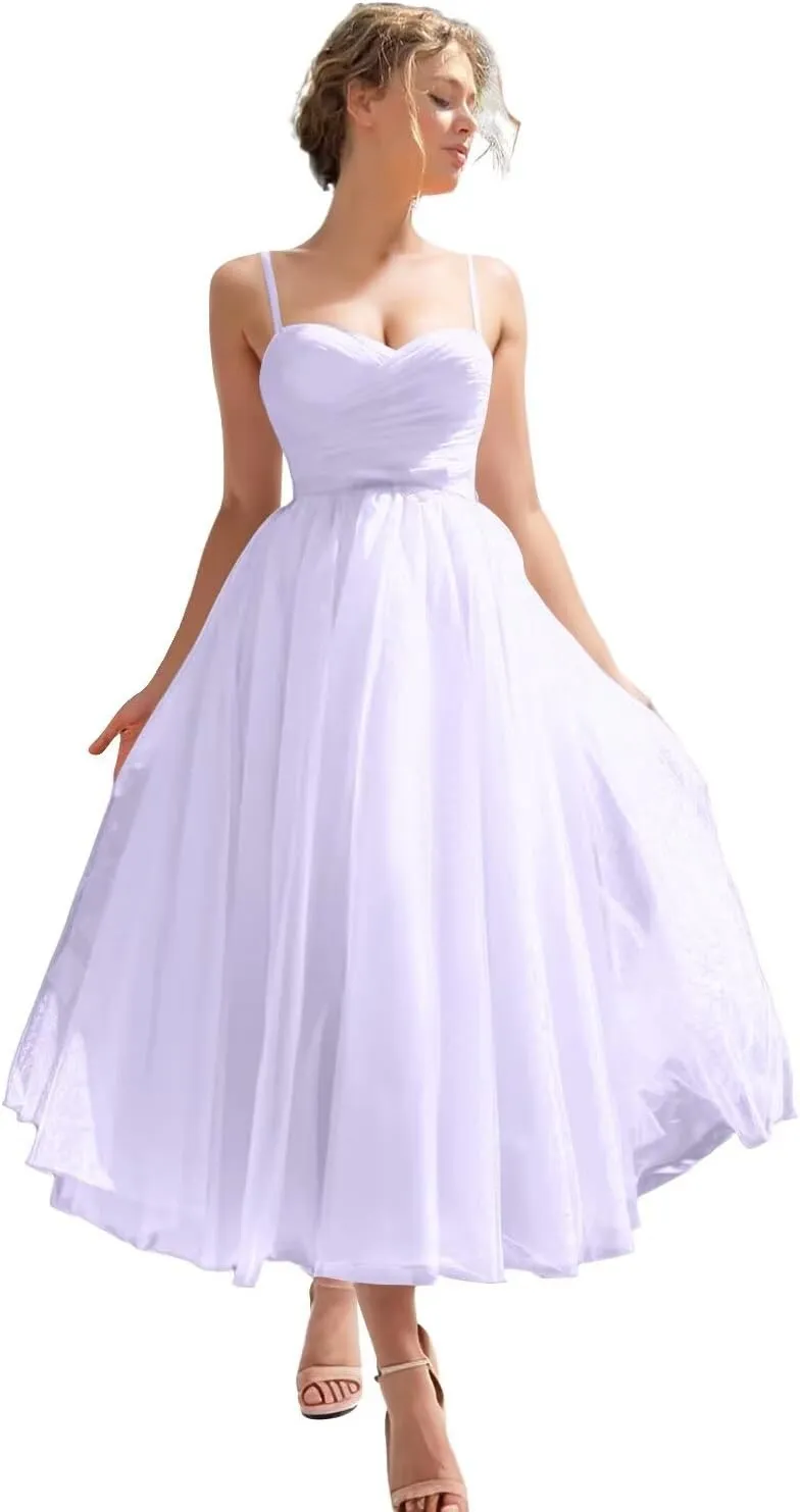 Off Shoulder Prom Dresses for Women Tea Length Tulle Ball Gown Backless A-Line Formal Evening Party Gowns
