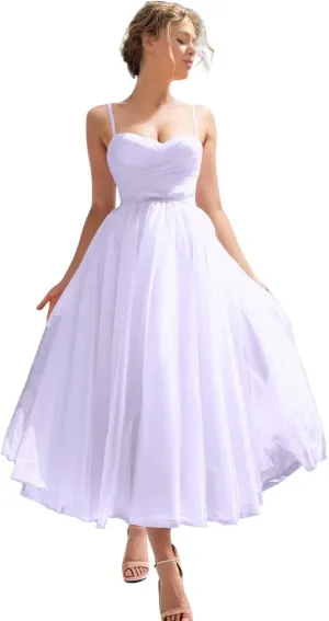 Off Shoulder Prom Dresses for Women Tea Length Tulle Ball Gown Backless A-Line Formal Evening Party Gowns