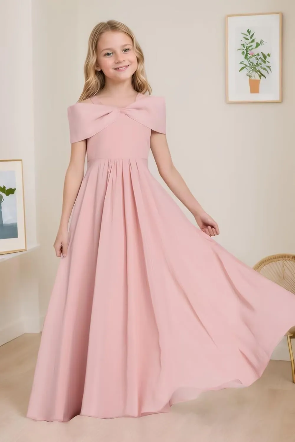 Off The Shoulder Junior Bridesmaid Dresses Chiffon Flower Girl Dress with Bow Pageant Gown