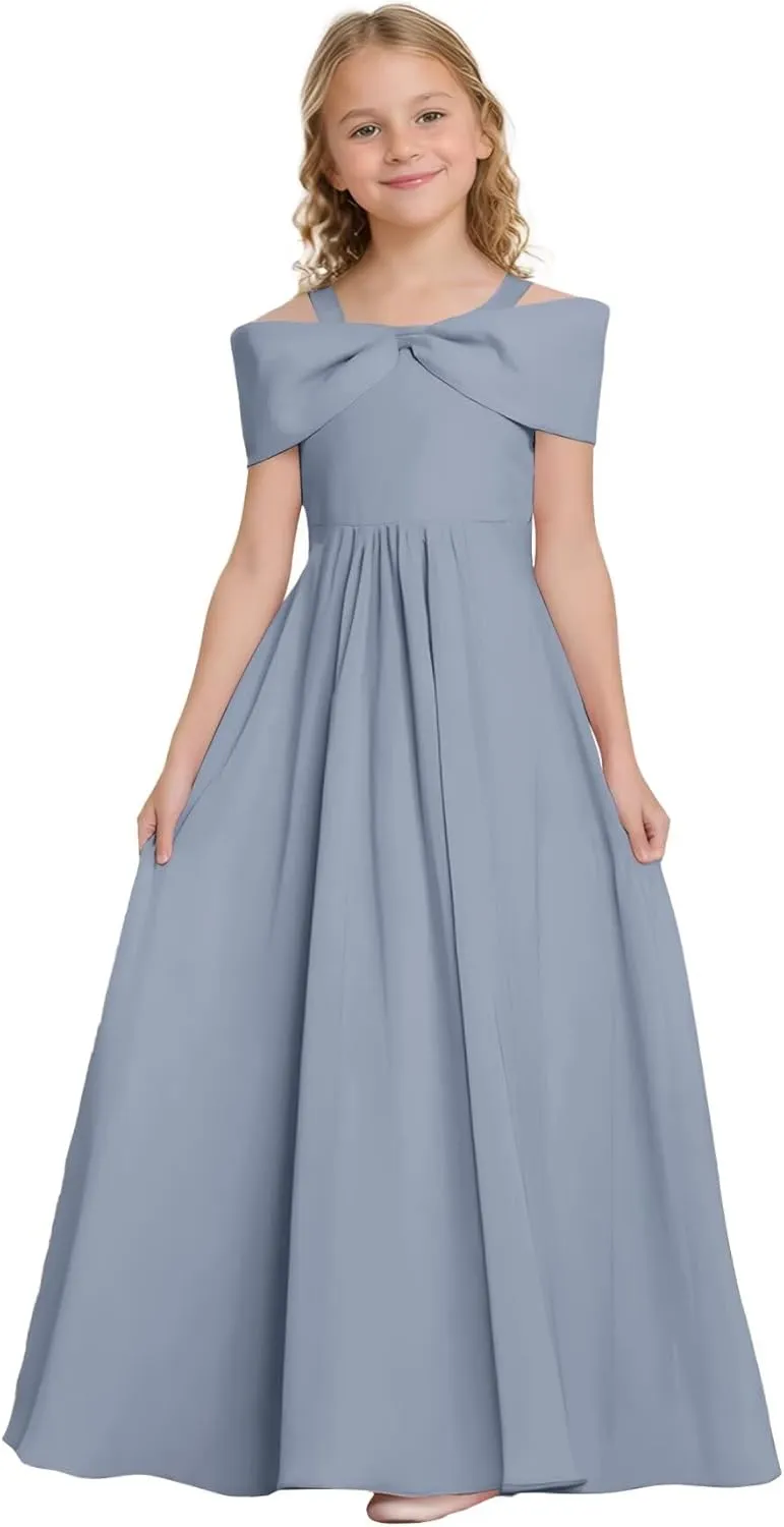 Off The Shoulder Junior Bridesmaid Dresses Chiffon Flower Girl Dress with Bow Pageant Gown